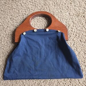 Vintage 1960's/1970's Blue Handbag with Wooden Handle